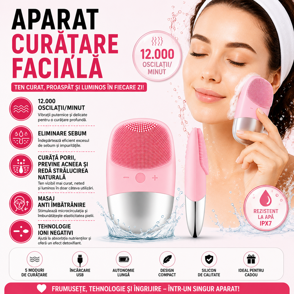 SMARTECH Dispozitiv de curatare faciala portabil, 12000 oscilatii/minut, viteza ajustabila, acumulator 400mAh, tehnologie cu ioni negativi STH-55
