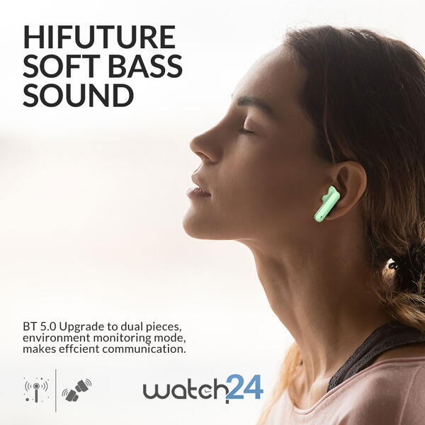 Casti Bluetooth 5.0 HiFuture ColorBuds TWS Earbuds, Microfon, raspundere si respingere apel, Accesare vocala Siri sau Google Assistance, HD Voice, Control media, Touch pe casca, Verde