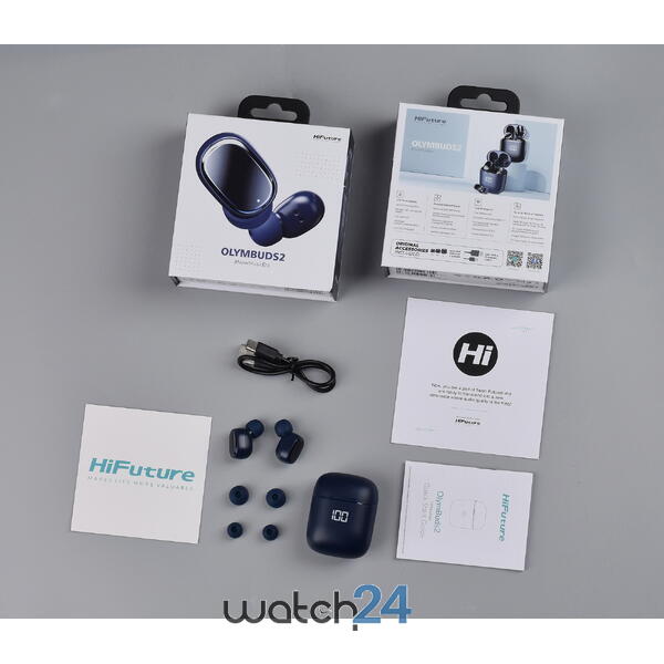 Casti Bluetooth 5.3 HiFuture Olymbuds2, Display Led, Autonomie 30H, Microfon, raspundere si respingere apel, Accesare vocala Siri sau Google Assistance, HD Voice, Control media, Touch pe casca, Albastru