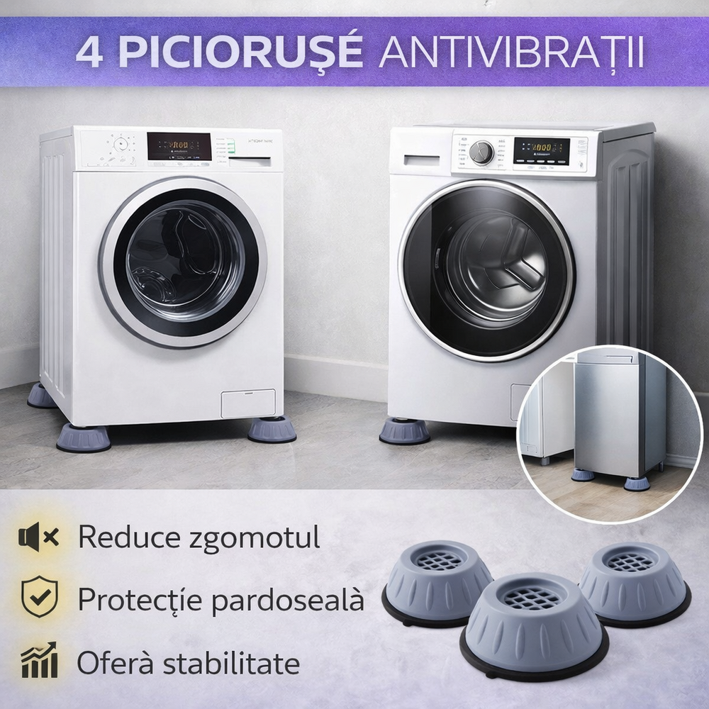 SMARTECH Set 4 picioruse, anti-zgomot si antiderapante, suporti amortizare vibratii masina de spalat, amortizoare uscator de rufe, frigider
