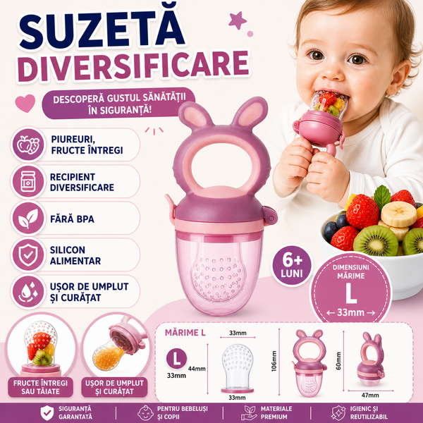 Suzeta pentru diversificarea hranei, pentru fructe si legume, silicon moale, Mov, Marimea L