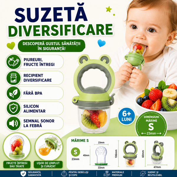 Suzeta pentru diversificarea hranei, pentru fructe si legume, silicon moale, Verde, Marimea S