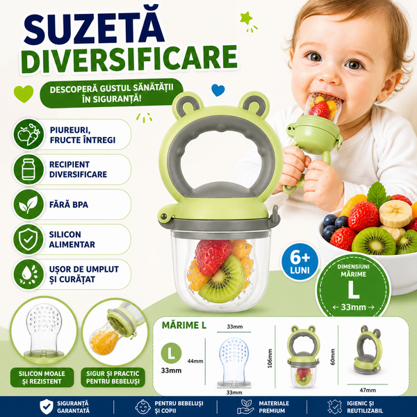 Suzeta pentru diversificarea hranei, pentru fructe si legume, silicon moale, Verde, Marimea L