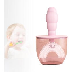 Periuta de dinti pentru copii, 2-6 ani, cu capac protectie, in forma de U, din silicon, periaj si curatare gingii 360, Roz