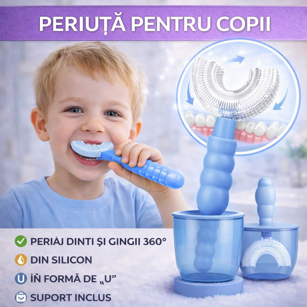Periuta de dinti pentru copii, 2-6 ani, cu capac protectie, in forma de U, din silicon, periaj si curatare gingii 360, Albastru
