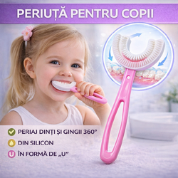 Periuta de dinti pentru copii, 2-7 ani, in forma de U, din silicon, periaj si curatare gingii 360, Roz