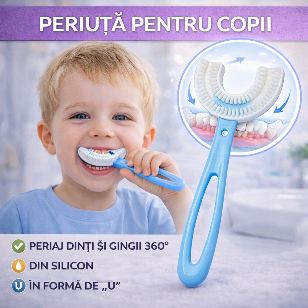 SMARTECH Periuta de dinti pentru copii, 2-7 ani, in forma de U, din silicon, periaj si curatare gingii 360, Bleu