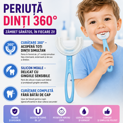 Periuta de dinti pentru copii, 2-7 ani, in forma de U, din silicon, periaj si curatare gingii 360, Bleu