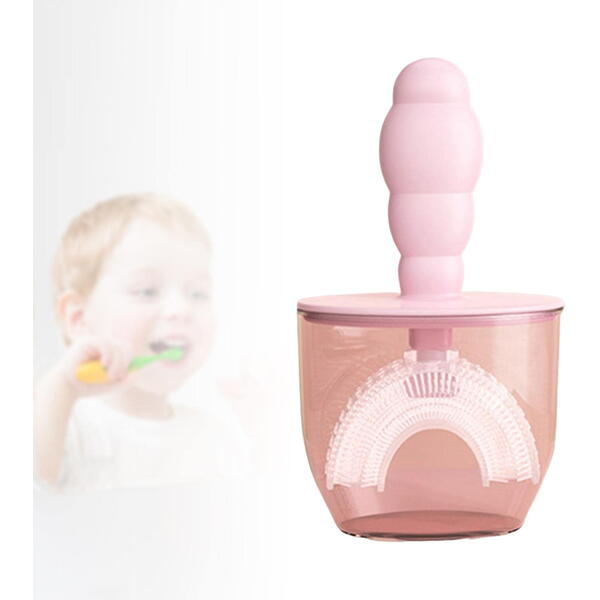 Periuta de dinti pentru copii, 6-12 ani, cu capac protectie, in forma de U, din silicon, periaj si curatare gingii 360, Roz
