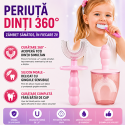 Periuta de dinti pentru copii, 6-12 ani, cu capac protectie, in forma de U, din silicon, periaj si curatare gingii 360, Roz