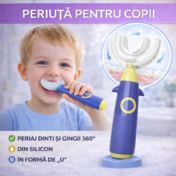 Periuta de dinti pentru copii, 2-6 ani, in forma de U, din silicon, periaj si curatare gingii 360, Albastru/Galben