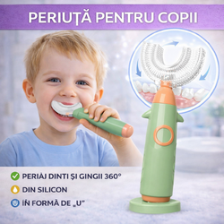 Periuta de dinti pentru copii, 2-6 ani, in forma de U, din silicon, periaj si curatare gingii 360, Verde/Portocaliu