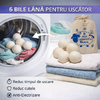 Set 6 Bile din Lana 100% pentru Uscator - Natural, Reutilizabil, Reduc Cutele de Imbracaminte, Economiseste Timpul de Uscare, Alternativa la Bilele de Plastic si Balsamul Lichid, Saculet Depozitare, Anti-electrizare, 6 cm, Alb