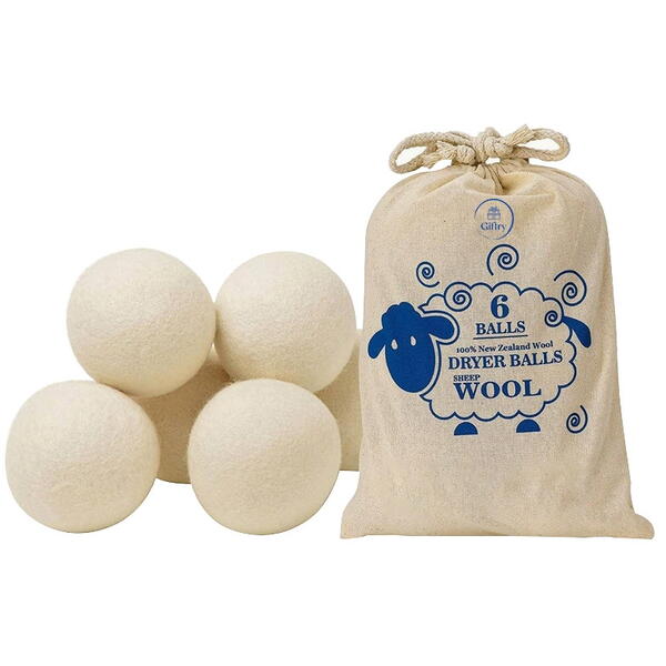 Set 6 Bile din Lana 100% pentru Uscator - Natural, Reutilizabil, Reduc Cutele de Imbracaminte, Economiseste Timpul de Uscare, Alternativa la Bilele de Plastic si Balsamul Lichid, Saculet Depozitare, Anti-electrizare, 6 cm, Alb