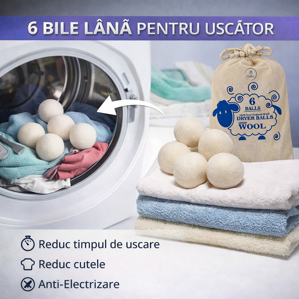 Set 6 Bile din Lana 100% pentru Uscator - Natural, Reutilizabil, Reduc Cutele de Imbracaminte, Economiseste Timpul de Uscare, Alternativa la Bilele de Plastic si Balsamul Lichid, Saculet Depozitare, Anti-electrizare, 6 cm, Alb