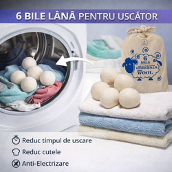 Set 6 Bile din Lana 100% pentru Uscator - Natural, Reutilizabil, Reduc Cutele de Imbracaminte, Economiseste Timpul de Uscare, Alternativa la Bilele de Plastic si Balsamul Lichid, Saculet Depozitare, Anti-electrizare, 6 cm, Alb