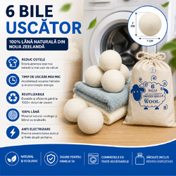Set 6 Bile din Lana 100% pentru Uscator - Natural, Reutilizabil, Reduc Cutele de Imbracaminte, Economiseste Timpul de Uscare, Alternativa la Bilele de Plastic si Balsamul Lichid, Saculet Depozitare, Anti-electrizare, 6 cm, Alb