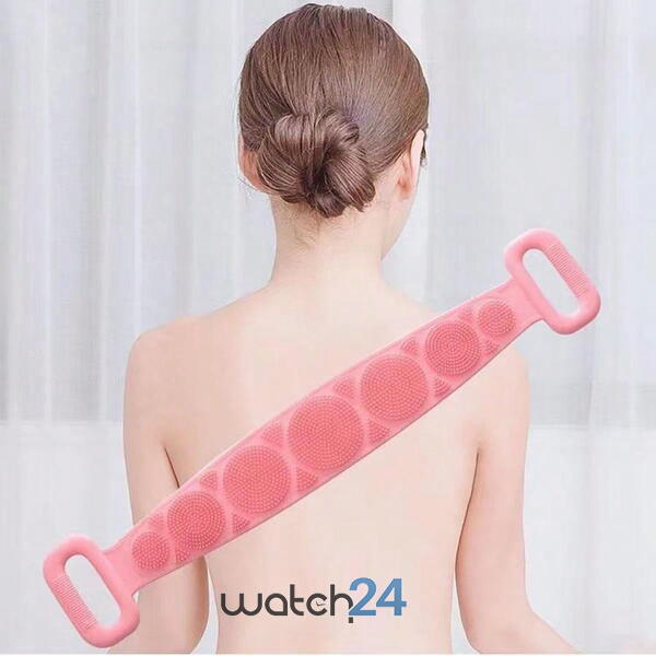 Perie de corp tip banda 2in1 pentru baie, din silicon, pentru curatare, exfoliere si masaj corporal, 70cm, Roz