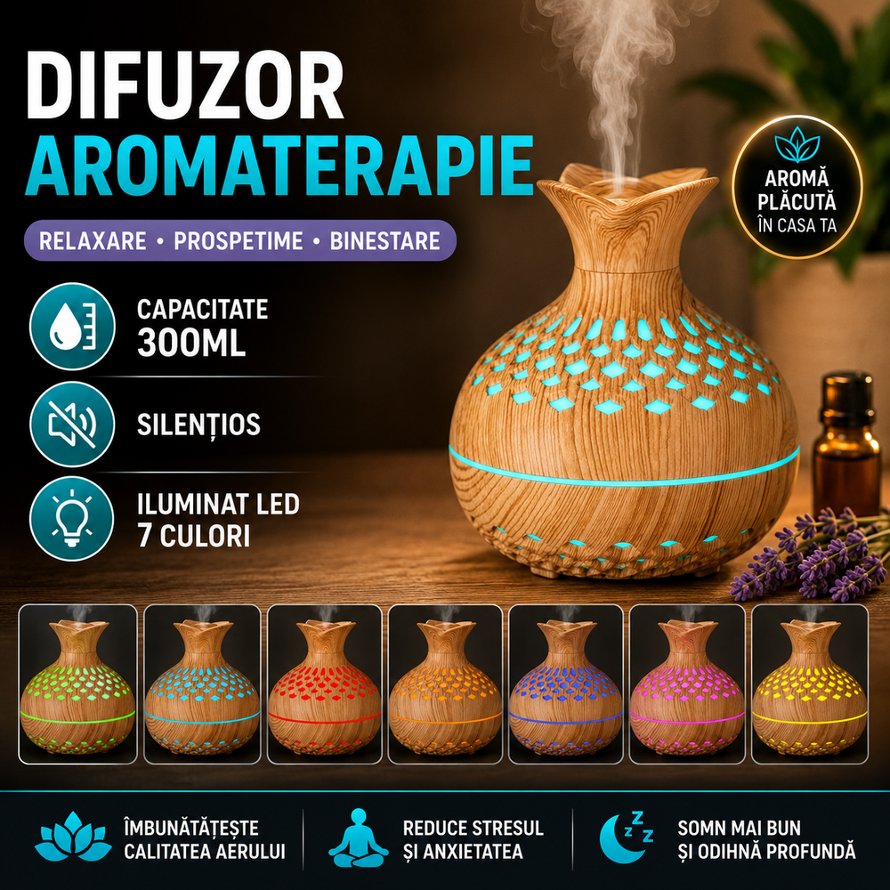 SMARTECH Difuzor de ulei esential, aromaterapie, umidificator de aer, rezervor 300ML, cu iluminat LED