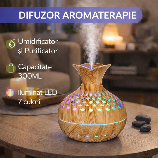 Difuzor de ulei esential, aromaterapie, umidificator de aer, rezervor 300ML, cu iluminat LED