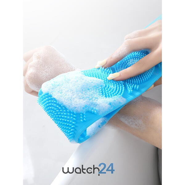 Perie de corp tip banda 2in1 pentru baie, din silicon, pentru curatare, exfoliere si masaj corporal, 70cm, Bleu