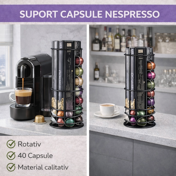 Suport 4 cutii capsule Nespresso, Rotativ, Negru