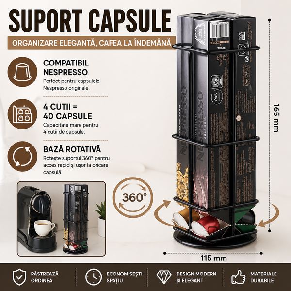 Suport 4 cutii capsule Nespresso, Rotativ, Negru