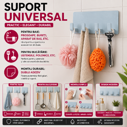 Suport pentru baie, multifunctional, prindere cu banda dublu adeziv, Gri