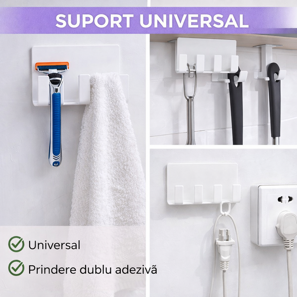 Suport pentru baie, multifunctional, prindere cu banda dublu adeziv, Alb