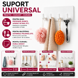 Suport pentru baie, multifunctional, prindere cu banda dublu adeziv, Alb