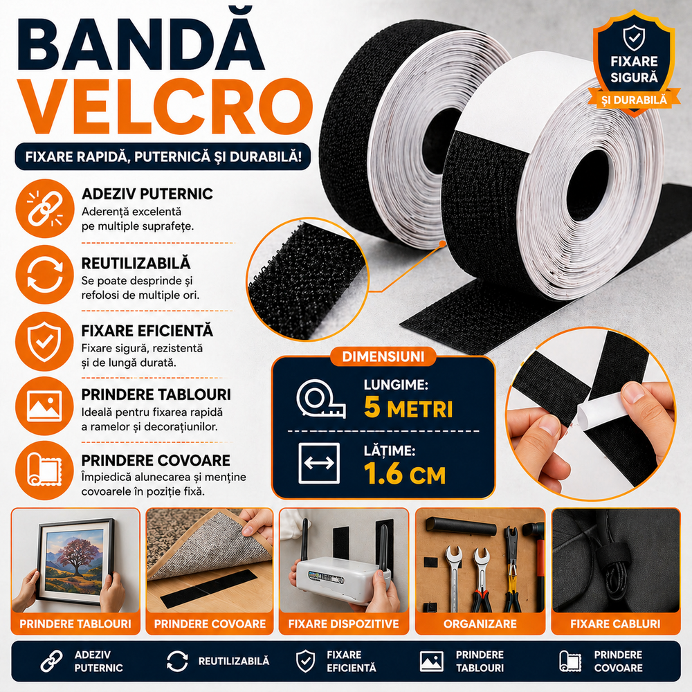 SMARTECH Banda velcro adeziva, Banda cu scai si adeziv, Reutilizabila, Latime 1.6 cm, Lungime 5 m