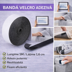 Banda velcro adeziva, Banda cu scai si adeziv, Reutilizabila, Latime 1.6 cm, Lungime 5 m