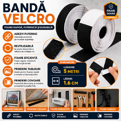 Banda velcro adeziva, Banda cu scai si adeziv, Reutilizabila, Latime 1.6 cm, Lungime 5 m