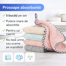 Set 5 bucati prosoape absorbante, laveta microfibra, 25x25cm, Multicolor