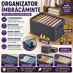 Organizator imbracaminte cu 9 compartimente pentru blugi, pulovere, camasi, 44x25x20 Gri
