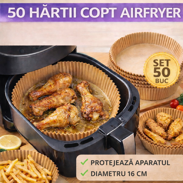 Set 50 bucati hartie de copt, Unica folosinta, Pentru air fryer, 16x16x4.5 cm, Maro, Rotunde