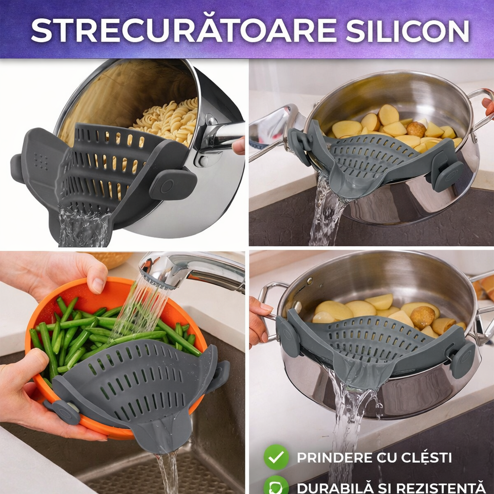 SMARTECH Strecuratoare din Silicon pentru Oale, Cratite, cu Clesti de Prindere, pentru Paste, Legume, Se Potriveste Oricarei Marimi, Gri