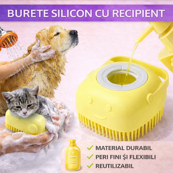 Burete de baie din silicon cu dozator, Mini Soft Brush, reutilizabilla, pentru adulti, copii, animale de companie, Galben