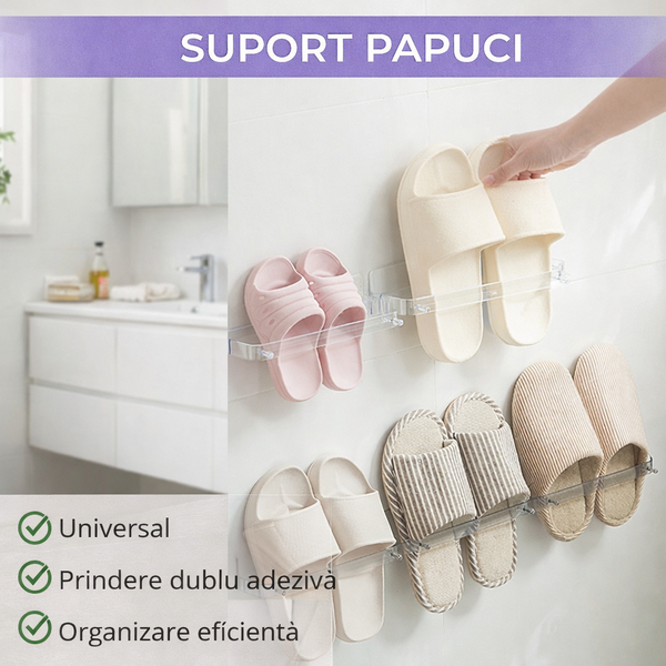 Suport pentru papuci, prindere cu sistem dublu adeziv inclus, Transparent