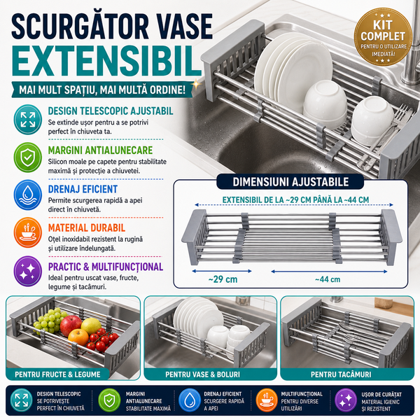 Scurgator vase extensibil pentru chiuveta multifunctional, tip cos, telescopic, otel inoxidabil/PVC