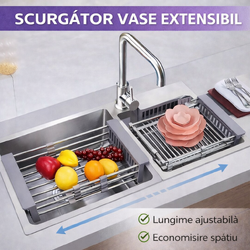 Scurgator vase extensibil pentru chiuveta multifunctional, tip cos, telescopic, otel inoxidabil/PVC