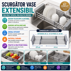 Scurgator vase extensibil pentru chiuveta multifunctional, tip cos, telescopic, otel inoxidabil/PVC
