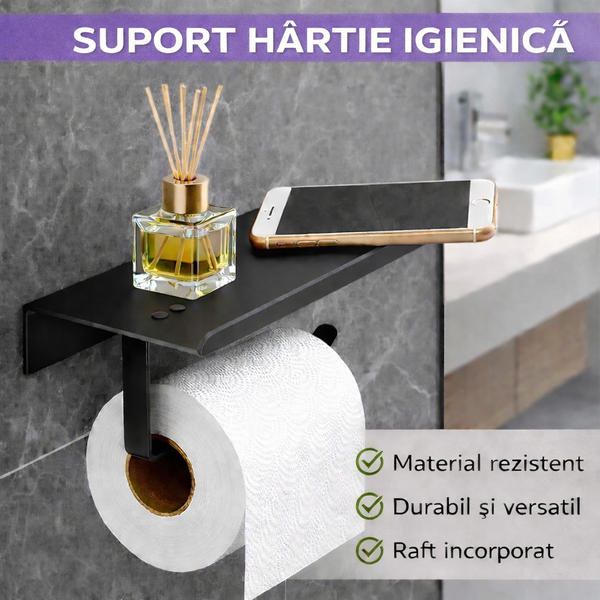 Suport hartie igienica cu raft depozitare telefon sau alte accesorii, Aluminiu, Negru
