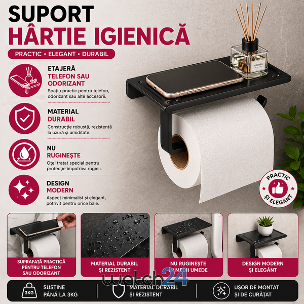 Suport hartie igienica cu raft depozitare telefon sau alte accesorii, Aluminiu, Negru