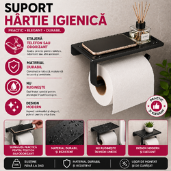 Suport hartie igienica cu raft depozitare telefon sau alte accesorii, Aluminiu, Negru