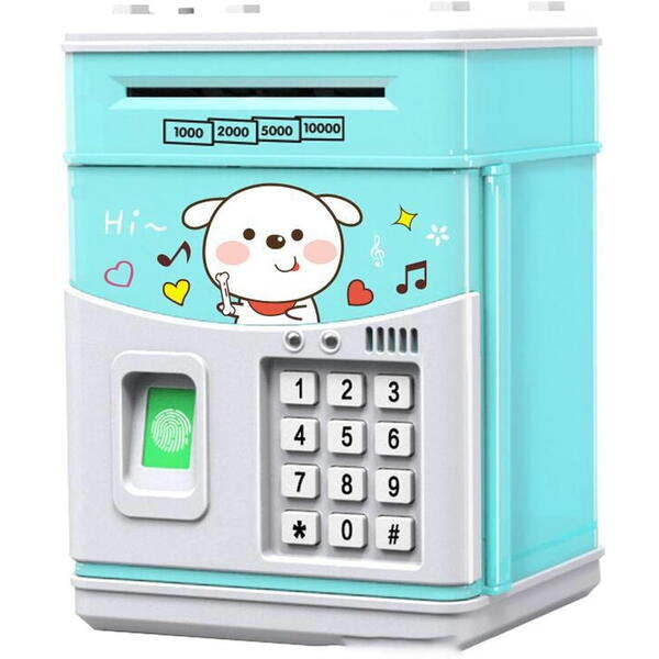 Pusculita pentru copii tip seif, Cod pin si amprenta, Muzica, Rulare automata a banilor, Bleu