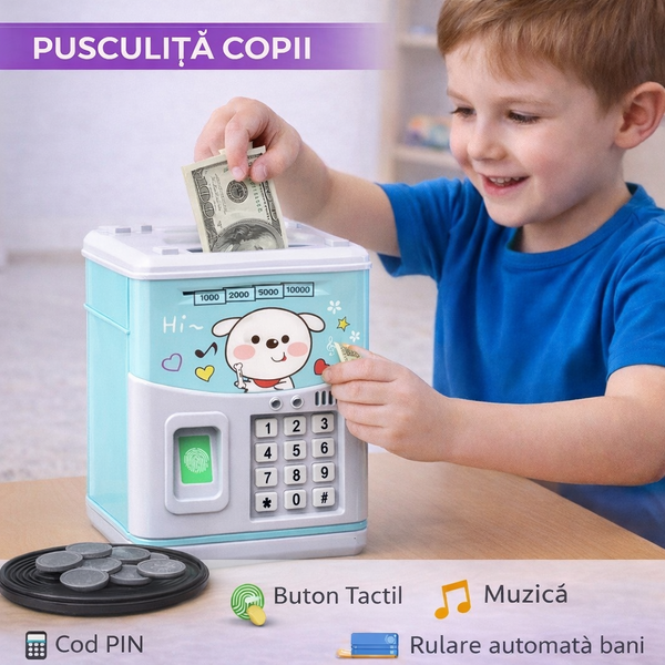 Pusculita pentru copii tip seif, Cod pin si amprenta, Muzica, Rulare automata a banilor, Bleu