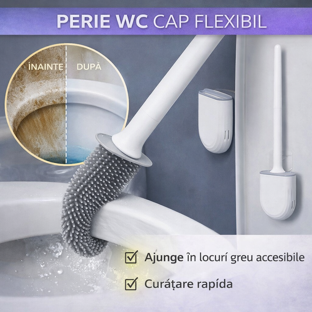 SMARTECH Perie de WC cu cap flexibil, cu suport, prindere pe perete cu sistem banda adeziva inclus