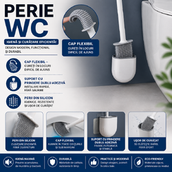 Perie de WC cu cap flexibil, cu suport, prindere pe perete cu sistem banda adeziva inclus