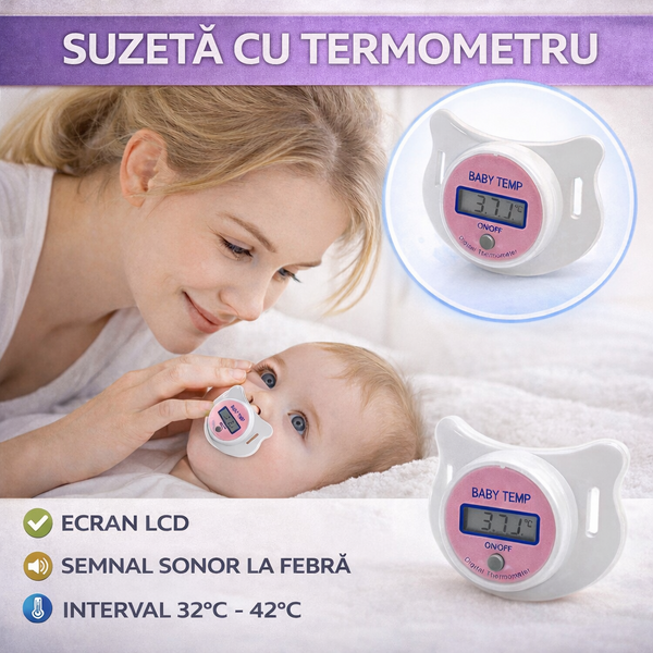 Suzeta cu termometru pentru bebelusi,  cu protectie, Roz